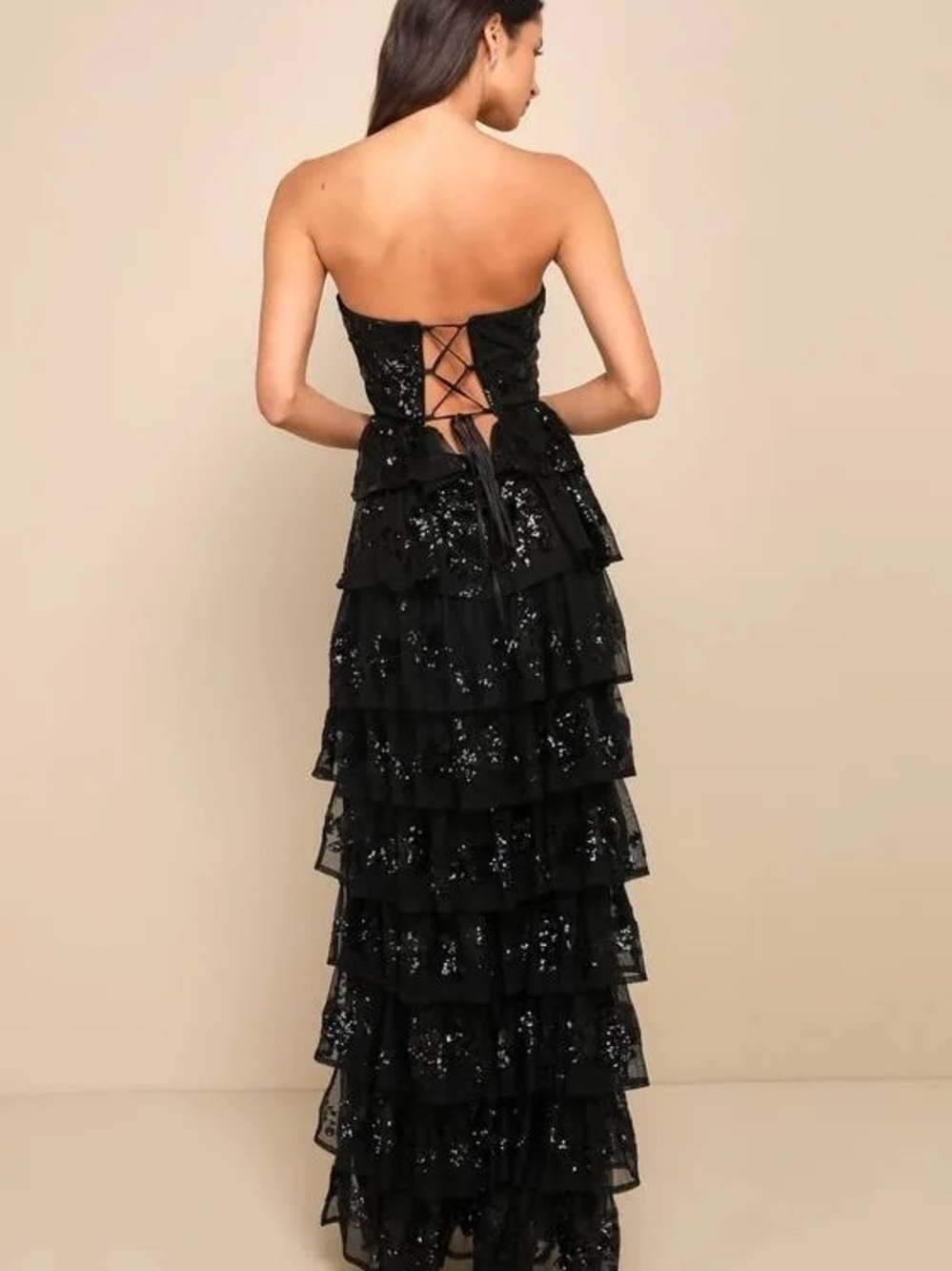 Lulu's Black Strapless Sequin Tiered Ruffle Gown - Picture 2 of 2